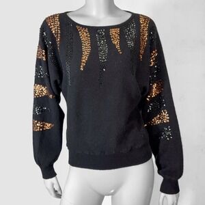 VTG 80s Black Sequin Sweater Womens M Angora Lambswool Glam Mob Wife